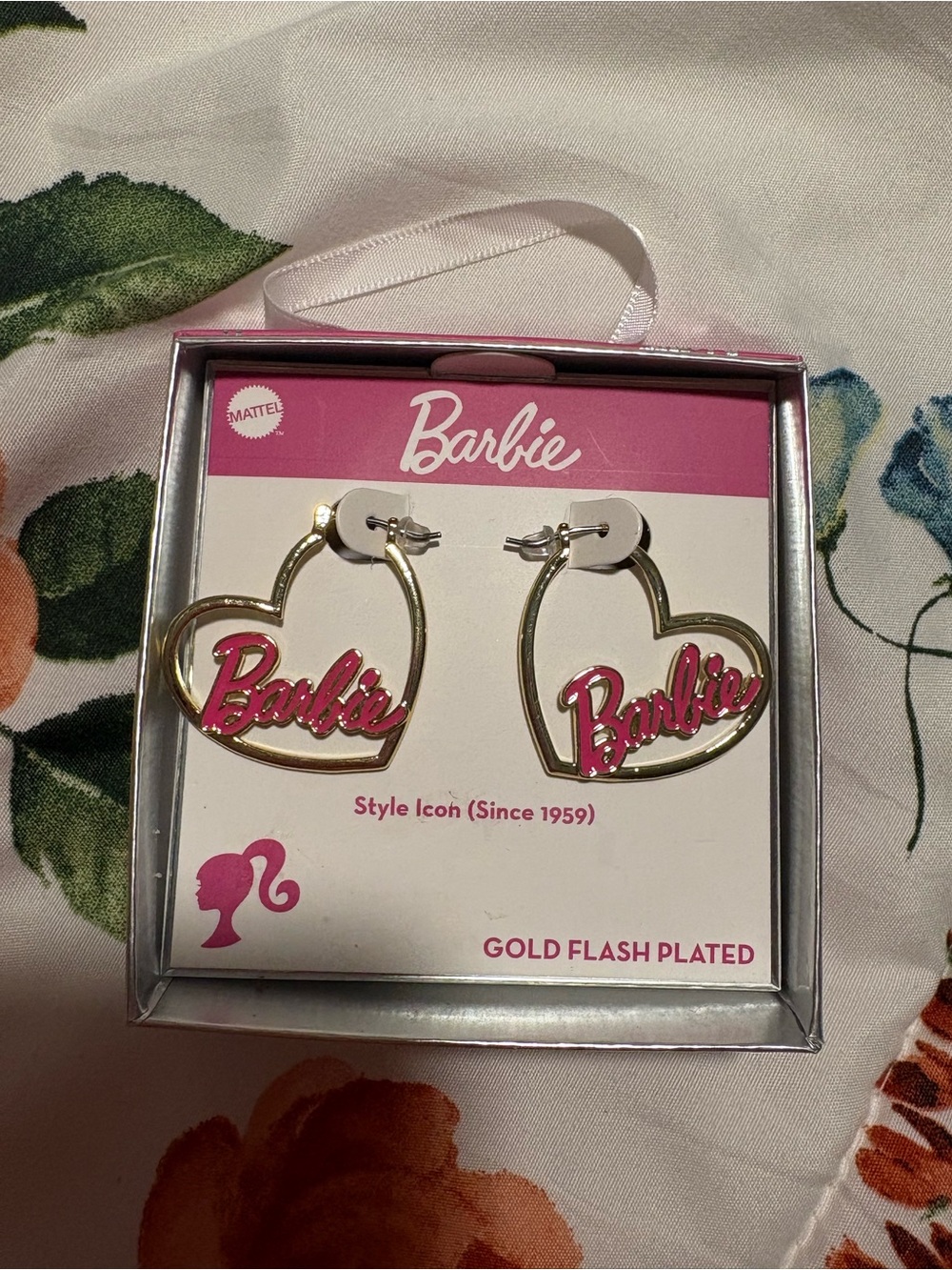 Barbie Gold-Plated Heart Hoop Earrings with Pink Script Logo